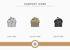 los iconos de compost establecen ilustración vectorial con estilo de línea de icono sólido. concepto biodegradable. icono de trazo editable en un fondo aislado para diseño web, interfaz de usuario y aplicación móvil vector