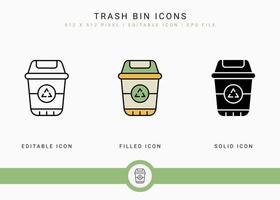 Trash bin icons set vector illustration with solid icon line style. Recycle garbage basket concept. Editable stroke icon on isolated background for web design, infographic and UI mobile app.