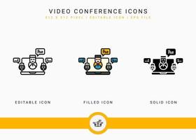 Video Conference icons set vector illustration with solid icon line style. Online communication concept. Editable stroke icon on isolated background for web design, infographic and UI mobile app.