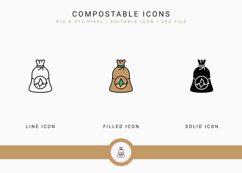 Compost icons set vector illustration with solid icon line style. Bio degradable concept. Editable stroke icon on isolated background for web design, user interface, and mobile app