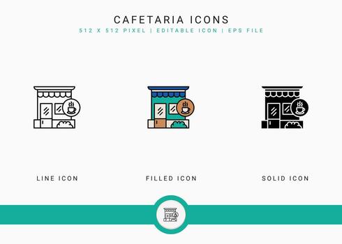 Cafeteria icons set vector illustration with solid icon line style. Modern cafe building concept. Editable stroke icon on isolated background for web design, user interface, and mobile app