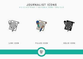 Journalist icons set vector illustration with solid icon line style. Text language publication concept. Editable stroke icon on isolated background for web design, user interface, and mobile app