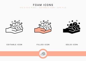 Foam icons set vector illustration with solid icon line style. Bubble soap effervescent concept. Editable stroke icon on isolated background for web design, infographic and UI mobile app.