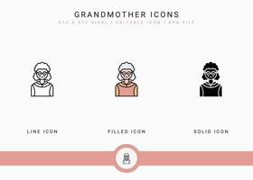 Grandmother icons set vector illustration with solid icon line style. Grandma face symbol. Editable stroke icon on isolated background for web design, user interface, and mobile app
