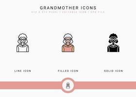 Grandmother icons set vector illustration with solid icon line style. Grandma face symbol. Editable stroke icon on isolated background for web design, user interface, and mobile app