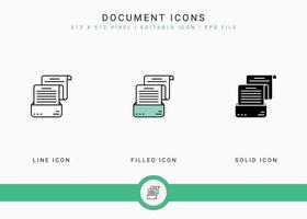 Document icons set vector illustration with solid icon line style. Journalist text publication concept. Editable stroke icon on isolated background for web design, user interface, and mobile app