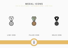 Medal icons set vector illustration with solid icon line style. Winner award concept. Editable stroke icon on isolated background for web design, user interface, and mobile app