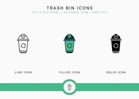 Trash bin icons set vector illustration with solid icon line style. Recycle garbage basket concept. Editable stroke icon on isolated background for web design, user interface, and mobile application