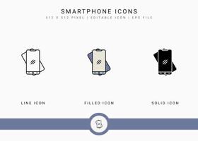 los iconos de smartphone establecen ilustración vectorial con estilo de línea de icono sólido. concepto de dispositivo inteligente de electrónica. icono de trazo editable en un fondo aislado para diseño web, interfaz de usuario y aplicación móvil vector