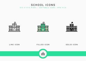 School icons set vector illustration with solid icon line style. City building concept. Editable stroke icon on isolated background for web design, user interface, and mobile app