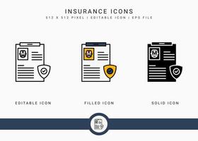 los iconos de seguros establecen una ilustración vectorial con un estilo de línea de iconos. concepto de plan de fondo de pensiones. icono de trazo editable sobre fondo blanco aislado para diseño web, interfaz de usuario y aplicación móvil vector