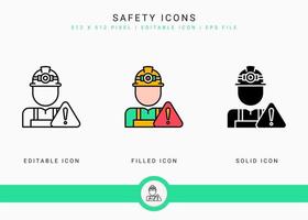 Safety icons set vector illustration with solid icon line style. Exclamation mark alert concept. Editable stroke icon on isolated background for web design, user interface, and mobile application