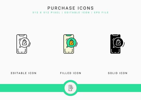 Purchase icons set vector illustration with solid icon line style. Online store retail concept. Editable stroke icon on isolated background for web design, user interface, and mobile app