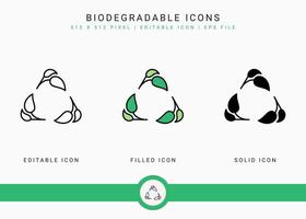 Biodegradable icons set vector illustration with solid icon line style. Recycle leaf concept. Editable stroke icon on isolated white background for web design, user interface, and mobile application