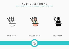 Auctioneer icons set vector illustration with solid icon line style. Auction act concept. Editable stroke icon on isolated background for web design, user interface, and mobile application