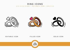 los iconos de anillo establecen una ilustración vectorial con un estilo de línea de icono sólido. concepto de romance de amor de boda. icono de trazo editable en un fondo aislado para diseño web, interfaz de usuario y aplicación móvil vector