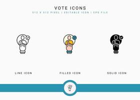 Vote icons set vector illustration with solid icon line style. Government public election concept. Editable stroke icon on isolated background for web design, user interface, and mobile app
