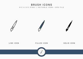 Brush icons set vector illustration with solid icon line style. Color palette design concept. Editable stroke icon on isolated background for web design, user interface, and mobile application