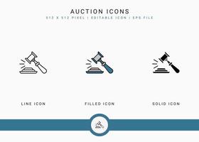 iconos de subasta establecen ilustración vectorial con estilo de línea de icono sólido. concepto de ley de acuerdo de oferta. icono de trazo editable en un fondo aislado para diseño web, interfaz de usuario y aplicación móvil vector