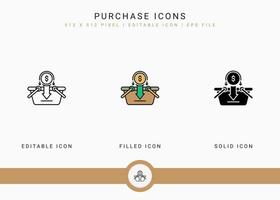 Purchase icons set vector illustration with solid icon line style. Online store retail concept. Editable stroke icon on isolated background for web design, user interface, and mobile app