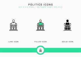 Politics icons set vector illustration with solid icon line style. Government public election concept. Editable stroke icon on isolated background for web design, user interface, and mobile app