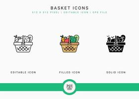 Basket icons set vector illustration with solid icon line style. Online store retail concept. Editable stroke icon on isolated background for web design, user interface, and mobile app