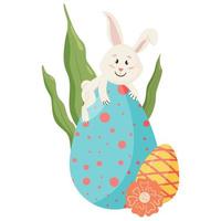 personaje de conejito. sentado en el huevo, sonriendo divertido, feliz conejo de dibujos animados de pascua con huevos, floral, vector