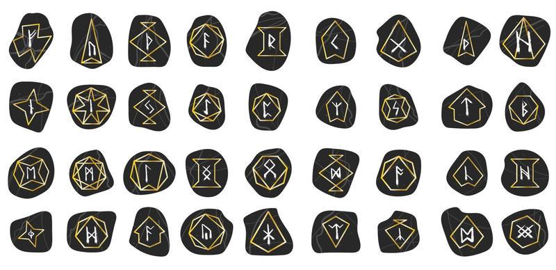 Wax chalk Rune. Set of Doodle Black Texture Stone with Gold Gradient Frame. Mystical, Esoteric, Occult, Magic Glyphs. For Game Interface.