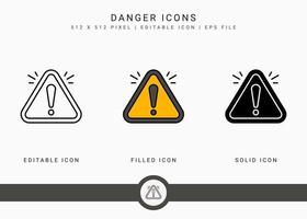 Danger icons set vector illustration with solid icon line style. Exclamation mark alert concept. Editable stroke icon on isolated background for web design, user interface, and mobile application