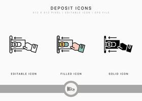 iconos de depósito establecen ilustración vectorial con estilo de línea de icono. concepto de plan de fondo de pensiones. icono de trazo editable sobre fondo blanco aislado para diseño web, interfaz de usuario y aplicación móvil vector