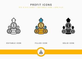 Profit icons set vector illustration with solid icon line style. Investment increase concept. Editable stroke icon on isolated white background for web design, user interface, and mobile application