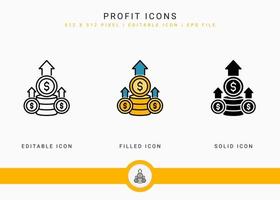 Profit icons set vector illustration with solid icon line style. Investment increase concept. Editable stroke icon on isolated white background for web design, user interface, and mobile application