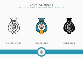 Capital icons set vector illustration with icon line style. Pension fund plan concept. Editable stroke icon on isolated white background for web design, user interface, and mobile application