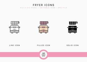 Fryer icons set vector illustration with solid icon line style. Potato fried basket concept. Editable stroke icon on isolated background for web design, user interface, and mobile app