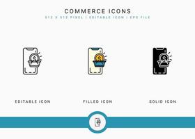 Commerce icons set vector illustration with solid icon line style. Online store retail concept. Editable stroke icon on isolated background for web design, user interface, and mobile app