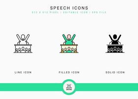 Speech icons set vector illustration with solid icon line style. Government public election concept. Editable stroke icon on isolated background for web design, user interface, and mobile app