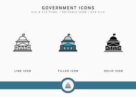 Government icons set vector illustration with solid icon line style. Politics public election concept. Editable stroke icon on isolated background for web design, user interface, and mobile app