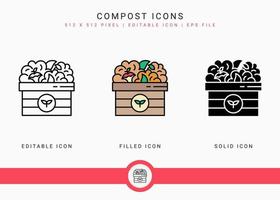 los iconos de compost establecen ilustración vectorial con estilo de línea de icono sólido. concepto biodegradable. icono de trazo editable en un fondo aislado para diseño web, interfaz de usuario y aplicación móvil vector