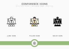 los iconos de la conferencia establecen una ilustración vectorial con un estilo de línea de icono sólido. concepto de seminario web de video en línea. icono de trazo editable en un fondo aislado para diseño web, interfaz de usuario y aplicación móvil vector