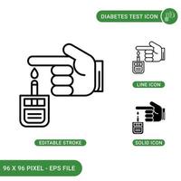 Diabetes test icons set vector illustration with solid icon line style. Sugar level test concept. Editable stroke icon on isolated background for web design, infographic and UI mobile app.