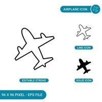 Airplane icons set vector illustration with solid icon line style. Aeroplane concept. Editable stroke icon on isolated background for web design, infographic and UI mobile app.