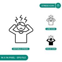 Stress icons set vector illustration with solid icon line style. Depression and pressure concept. Editable stroke icon on isolated background for web design, infographic and UI mobile app.