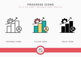 Progress icons set vector illustration with solid icon line style. Business development concept. Editable stroke icon on isolated white background for web design, user interface, and mobile app