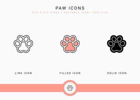 Paw icons set vector illustration with solid icon line style. Animal footprint symbol concept. Editable stroke icon on isolated white background for web design, user interface, and mobile application