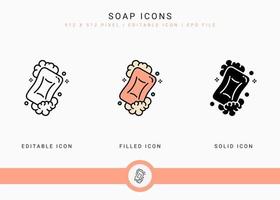 Soap icons set vector illustration with solid icon line style. Bubble foam effervescent concept. Editable stroke icon on isolated background for web design, infographic and UI mobile app.