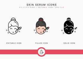 Skin serum icons set vector illustration with solid icon line style. Serum absorption symbol. Editable stroke icon on isolated background for web design, infographic and UI mobile app.