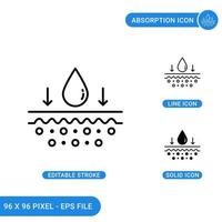 los iconos de la tarjeta de absorción establecen una ilustración vectorial con un estilo de línea de icono sólido. concepto de emulsión de gota de agua. icono de trazo editable en un fondo aislado para diseño web, infografía y aplicación móvil ui. vector