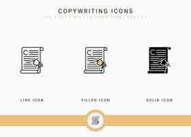 Copywriting icons set vector illustration with solid icon line style. Journalist text publication concept. Editable stroke icon on isolated background for web design, user interface, and mobile app