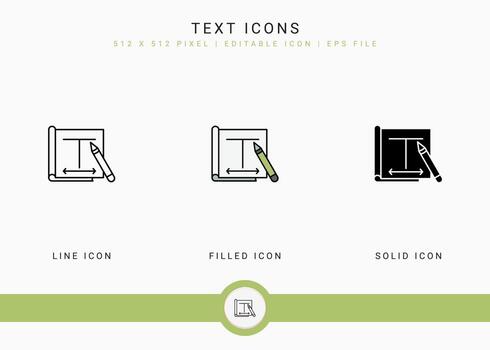 Text icons set vector illustration with solid icon line style. Journalist publication concept. Editable stroke icon on isolated background for web design, user interface, and mobile application