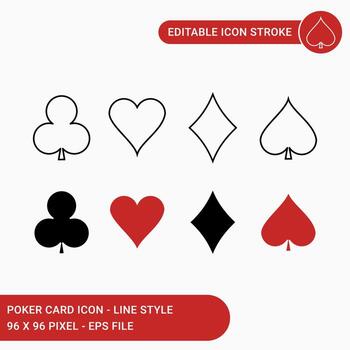 Poker card icons set vector illustration with icon line style. Club heart symbol card concept. Editable stroke icon on isolated white background for web design, user interface, mobile app